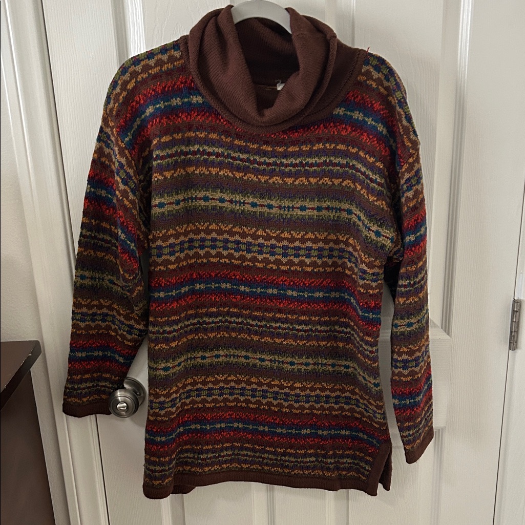 Source Unknown (Free People?) Womenâs Brown Multicolor Cowl Neck Sweater, Size L